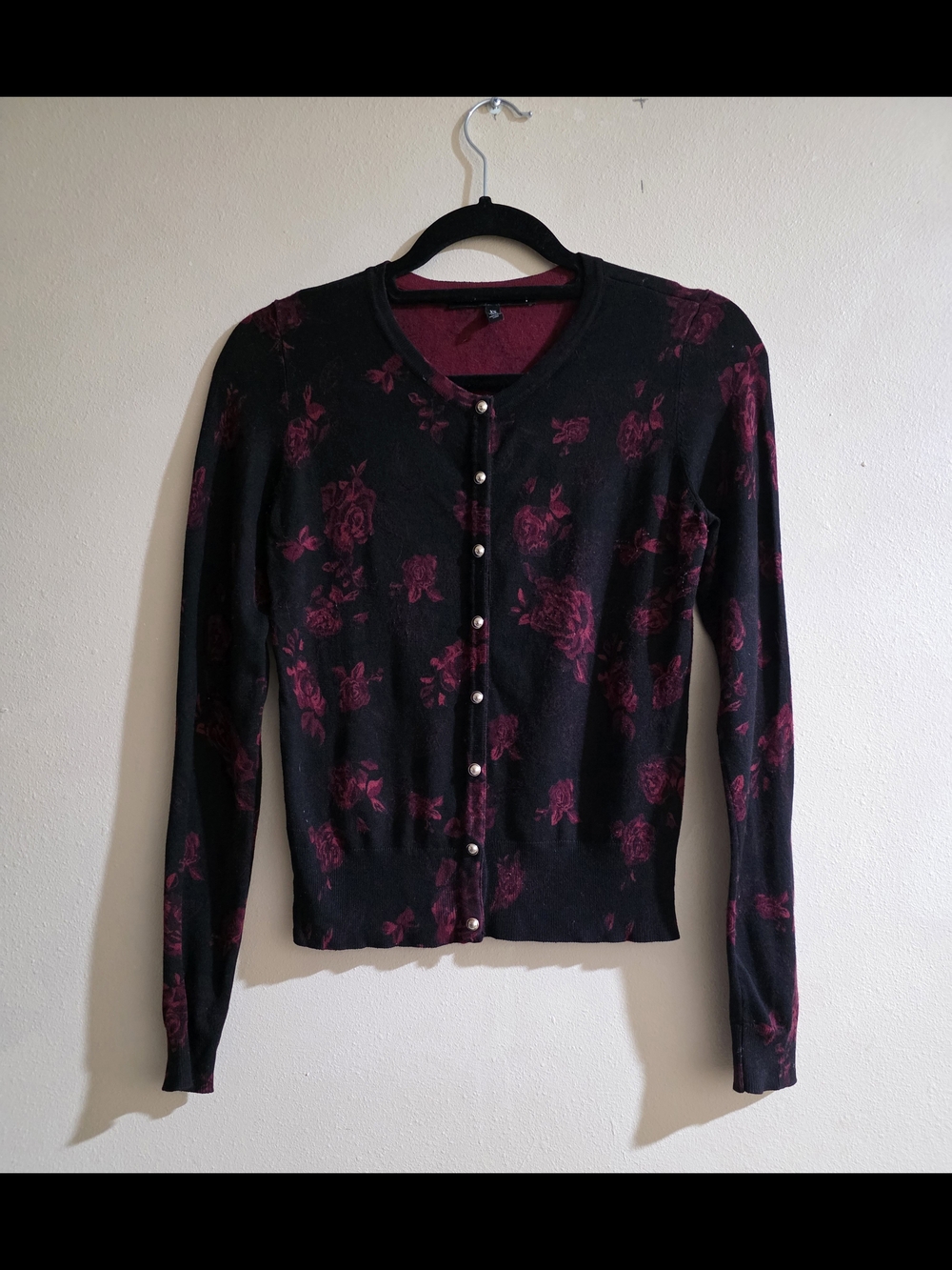 White House Black Market Black Cardigan with Dark Pink Floral Print